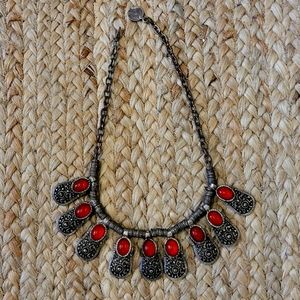 Vintage necklace, bellydance style from India, red glass, 18 inch